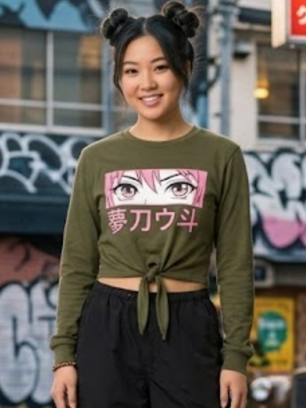 On Fire Anime Eyes Graphic Long Sleeve Front Tie Top Olive Green M